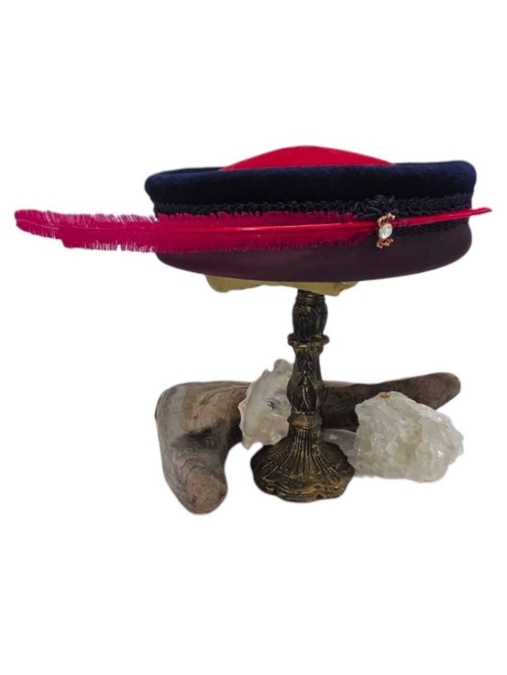 Vintage Junior B Italian Wool Felt Fascinator Hat Burgundy Black Feather 1950s